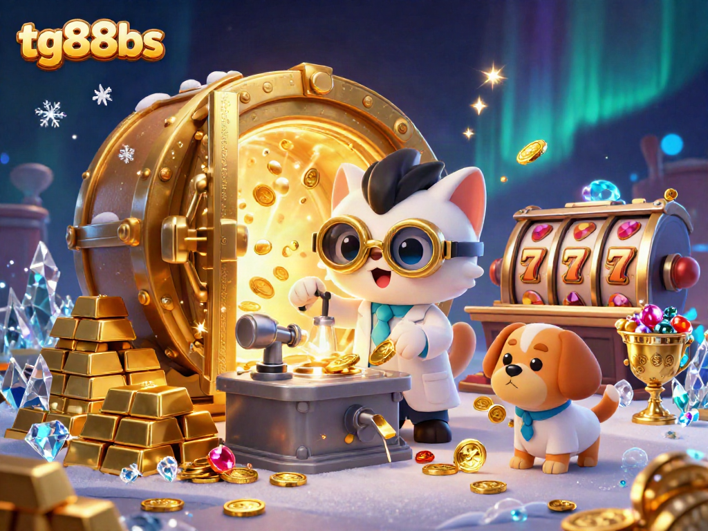 Spin lucky slot reels with tg88bs in this vibrant 3D casino illustration featuring gold treasures.