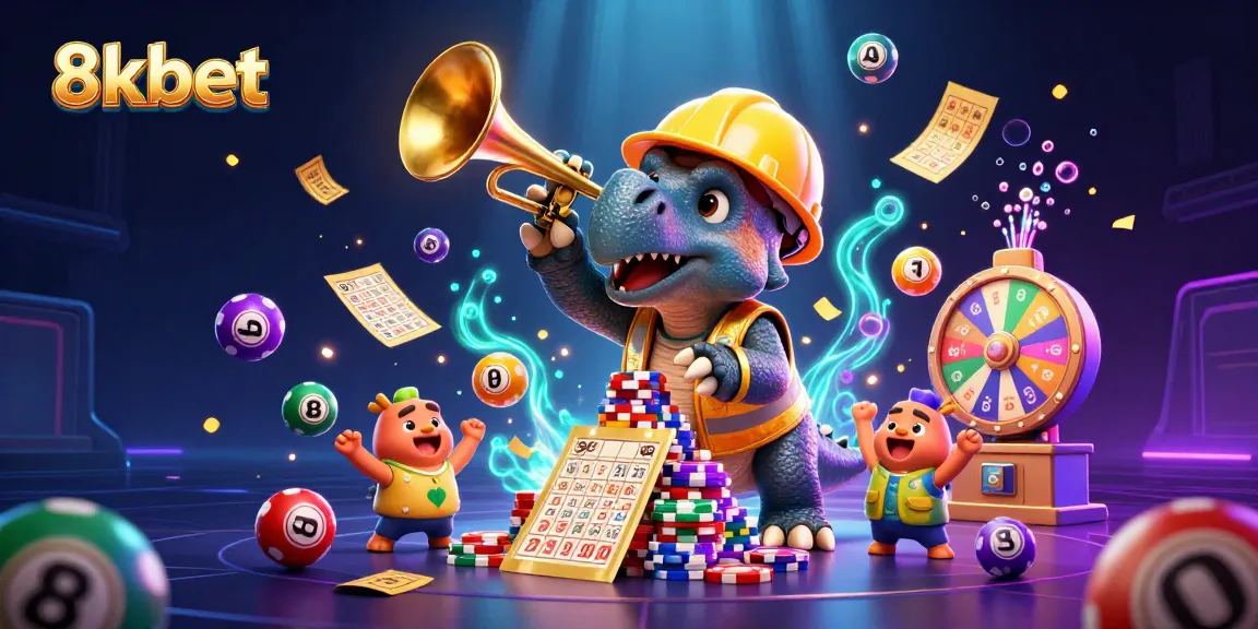 Experience the excitement of 8xbet with vibrant lottery balls, a jubilation scene featuring cheerful characters.