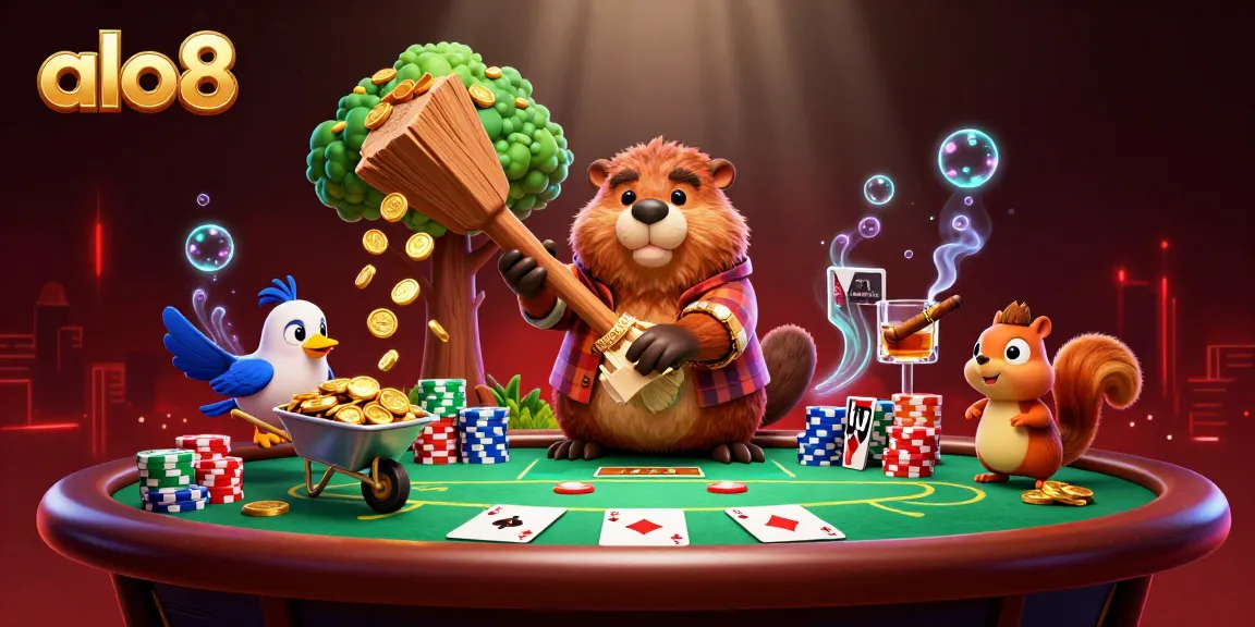 Bet on ALO8: A lively scene with a beaver, bird, and squirrel engaged in an energetic casino atmosphere filled with poker elements.