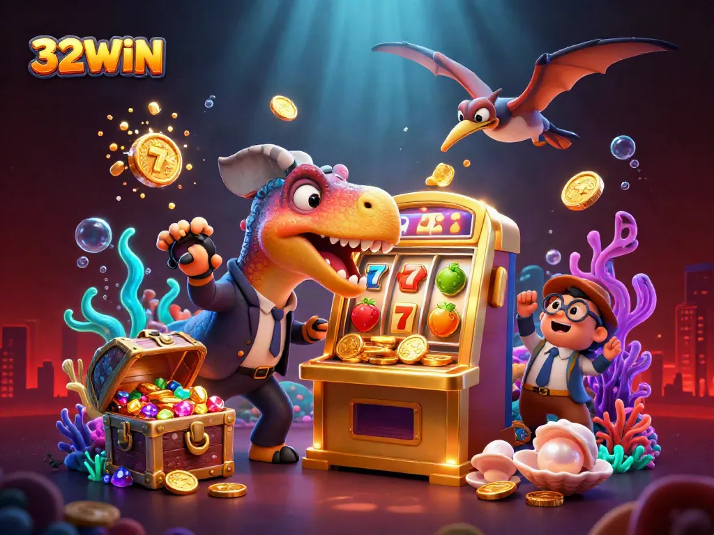 Experience the excitement of 32WIN as a dinosaur themed character interacts with a slot machine amidst an energetic casino scene.