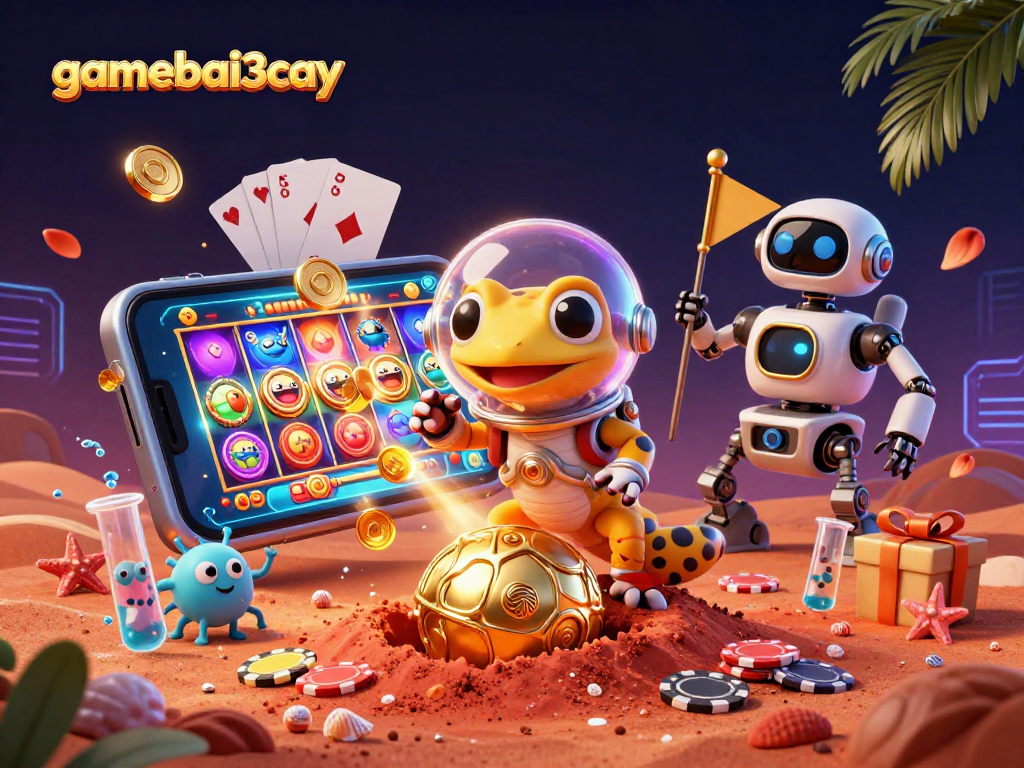 Engage in exciting gaming adventures with gamebai3cay, featuring a Martian gecko and casino treasures.