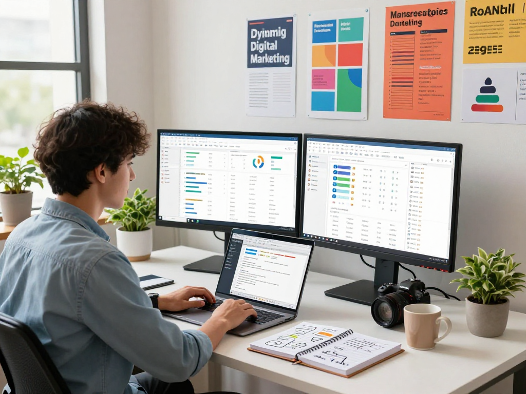 Digital marketing workspace featuring analytics dashboards and social media strategies for ia +18 insights.