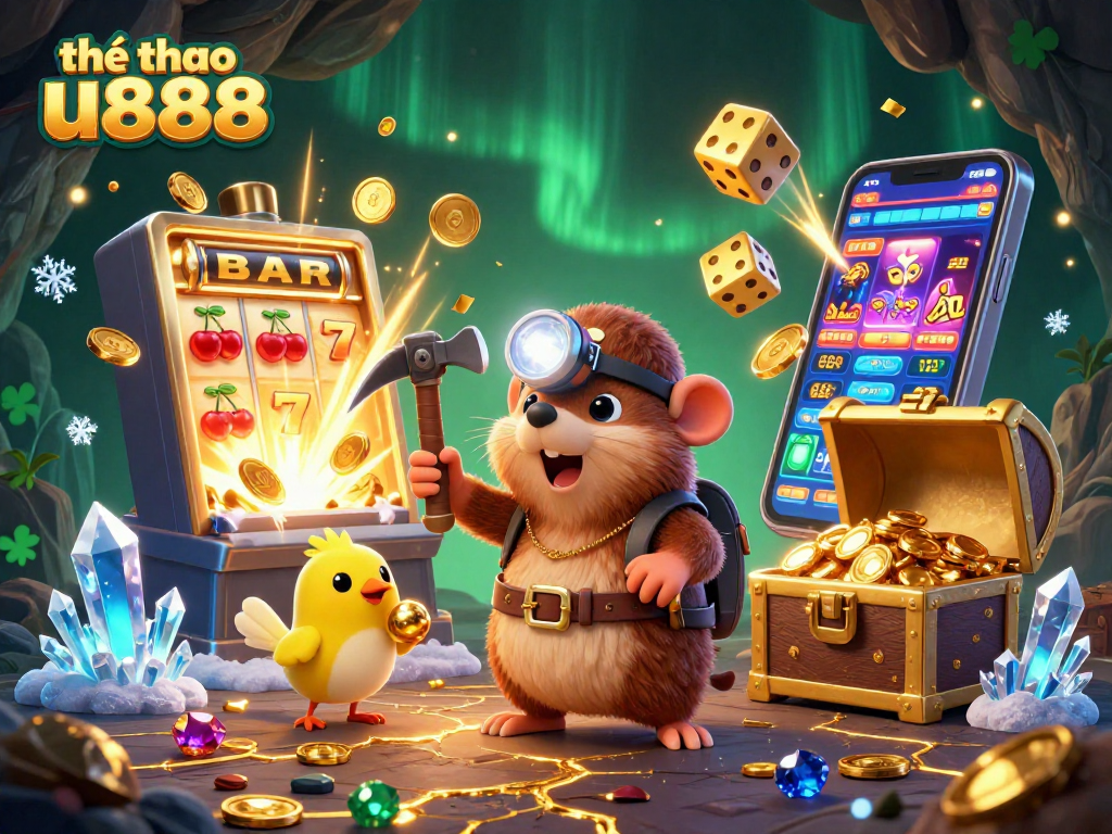 Engage in thrilling sports betting with thể thao u888 while enjoying a vibrant 3D illustrated casino scene.