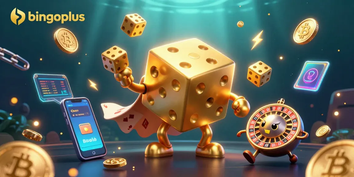 Experience the excitement of bingoplus with golden dice and vibrant 3D casino elements.