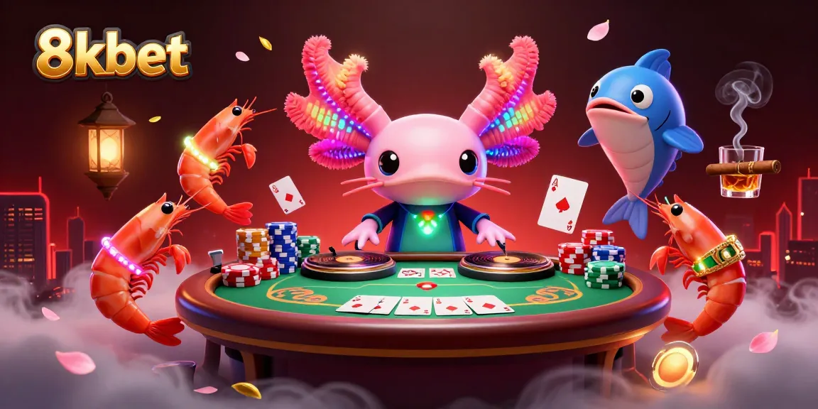 Engage with the vibrant gaming scene at 8xbet featuring a neon axolotl DJ and poker excitement.