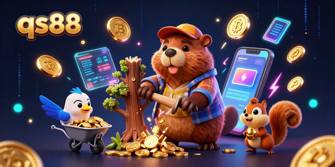 Spin the reels of qs88 with golden coins cascading from a lumberjack beaver, symbolizing jackpot winnings.