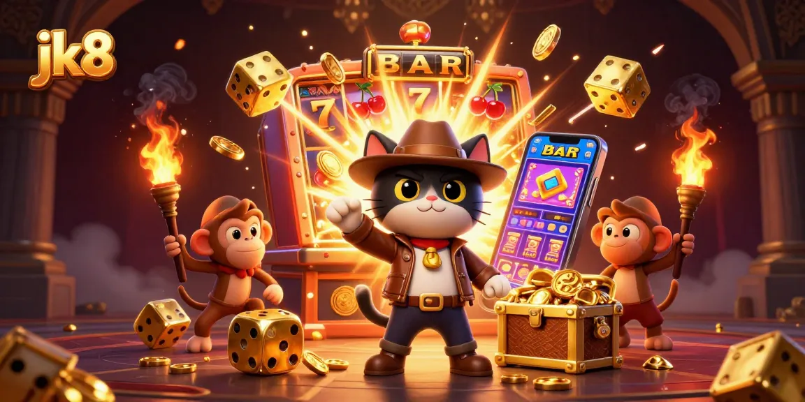 Experience the excitement of jk8 with a vibrant scene featuring a cat explorer and rich casino elements.