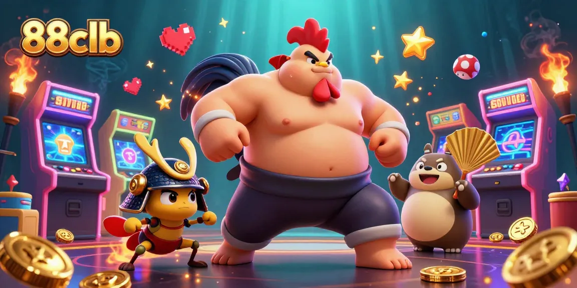 88clb engaging in thrilling gaming action with a dynamic cartoon scene of a powerful sumo rooster, fierce samurai cricket, and a golden fan-waving tanuki.