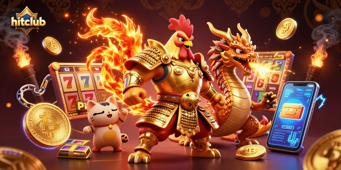 Hitclub showcases a dynamic scene with a rooster warrior and dragon, surrounded by slots and crypto elements.