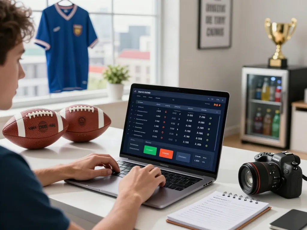 Engaged user placing bets on 11bet.com in a stylish home office adorned with sports memorabilia.