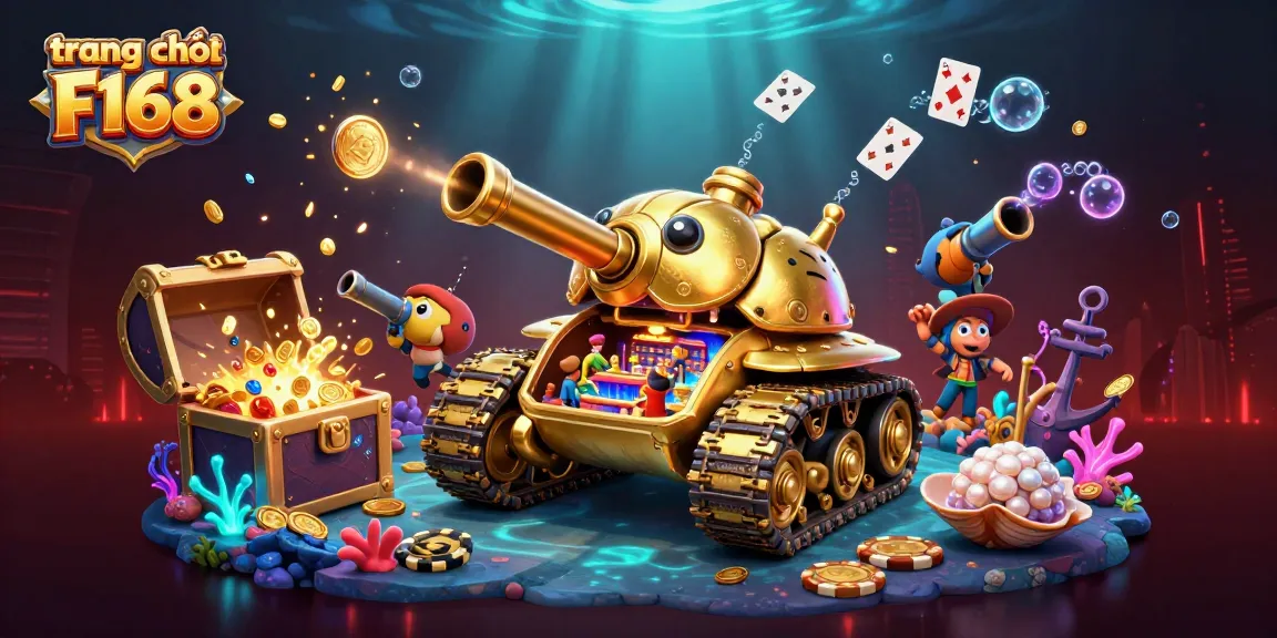 Experience the excitement on trang chủ F168 with a vibrant casino scene, showcasing a golden beetle tank and underwater treasures.