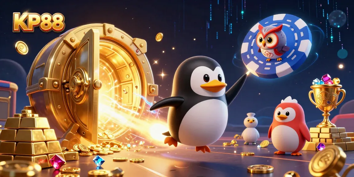 Experience the excitement of KP88 with vibrant casino-themed 3D illustration featuring golden treasure and dynamic action.