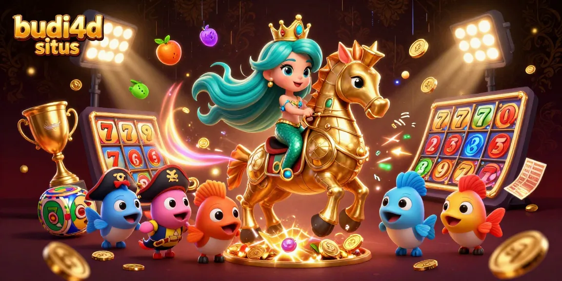 Win big with budi4d situs in this vibrant illustration of a mermaid and casino elements.