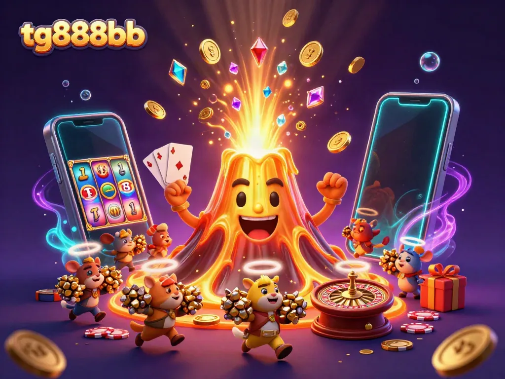 Experience the thrill of tg888bb with a golden volcano erupting coins and exciting gaming elements.