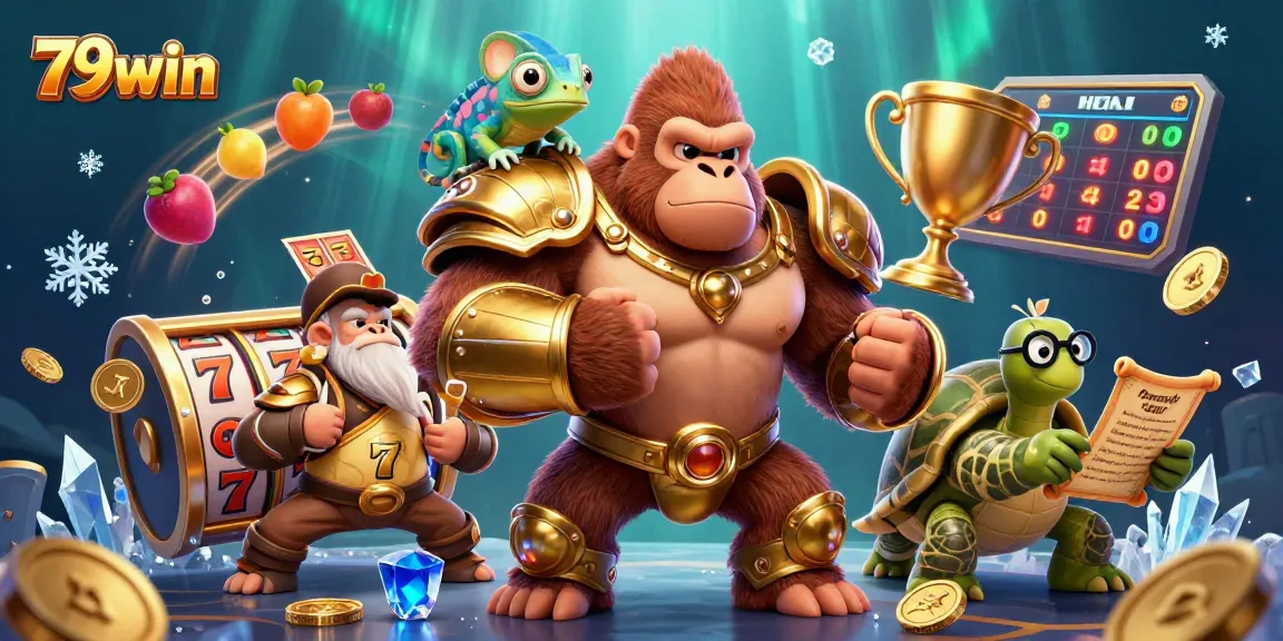 Experience the thrill of 79win with colorful slot reels and energetic casino elements in a vibrant scene.