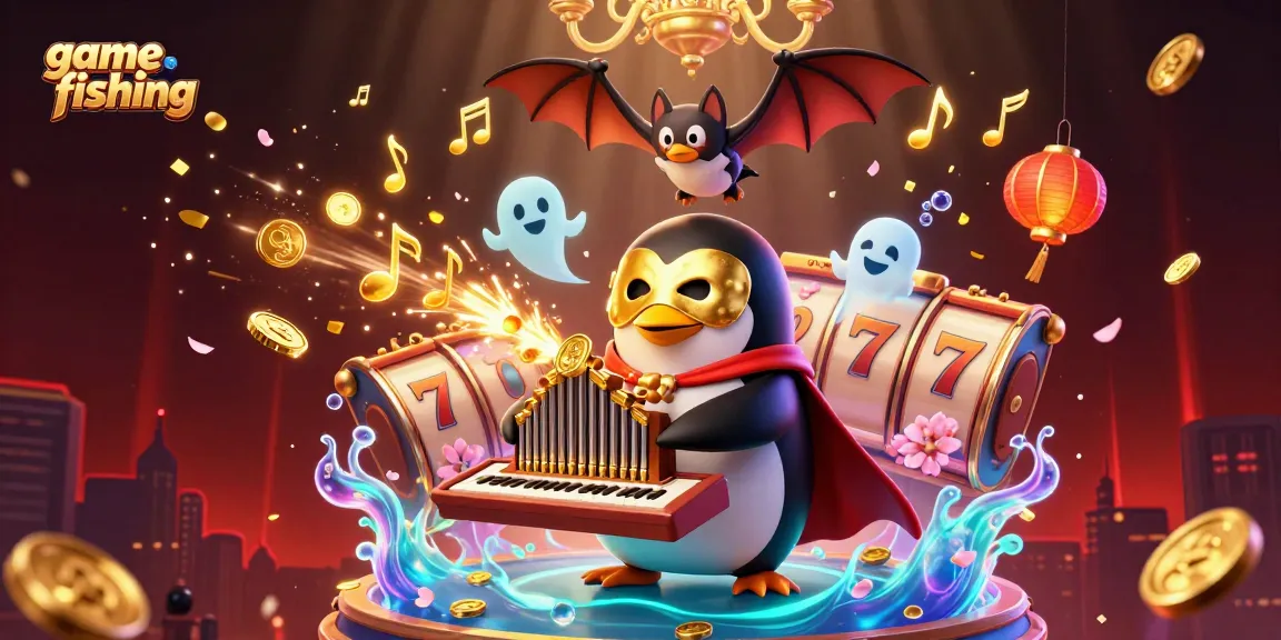 Engage in exciting game fishing sessions with a dynamic 3D penguin character amidst vibrant casino elements.