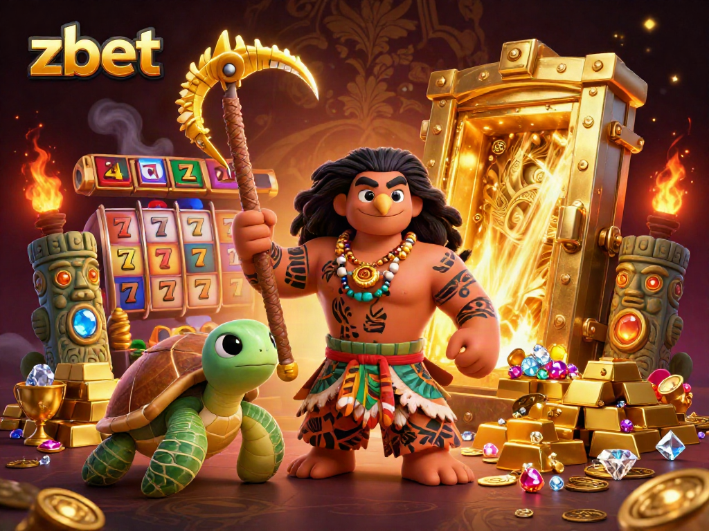 Experience thrilling gaming at zbet with vibrant visuals of demigod and treasures in a bustling casino scene.