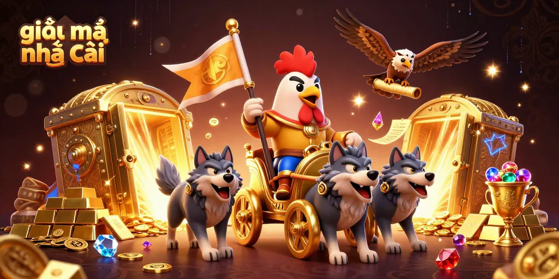 Engage with the thrilling world of giải mã nhà cái through a dynamic 3D illustration of a rooster warlord commanding a treasure-filled chariot.