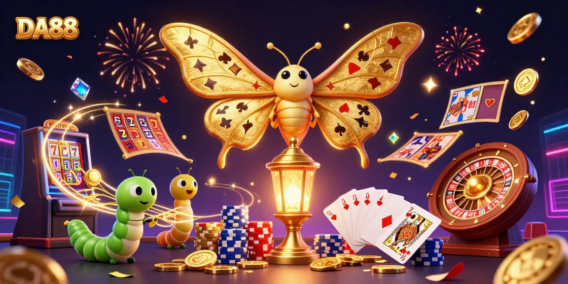 Engage with the thrilling DA88 casino world, featuring vibrant slot scenes and celebratory details.