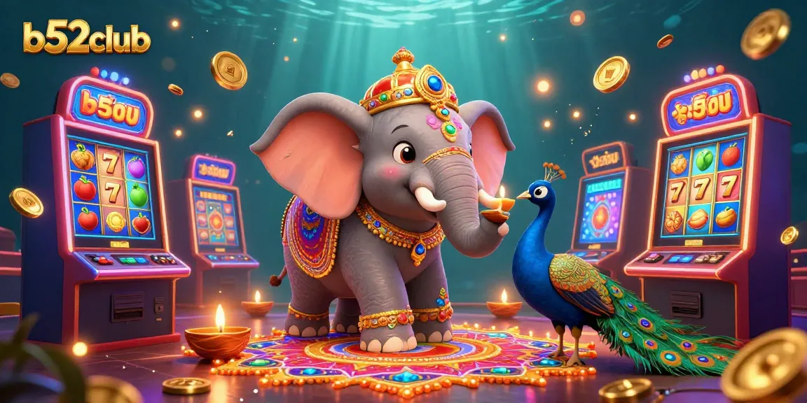 b52club showcases vibrant 3D cartoon elephant and peacock in a lively casino scene filled with colorful slot machines and gold coins.