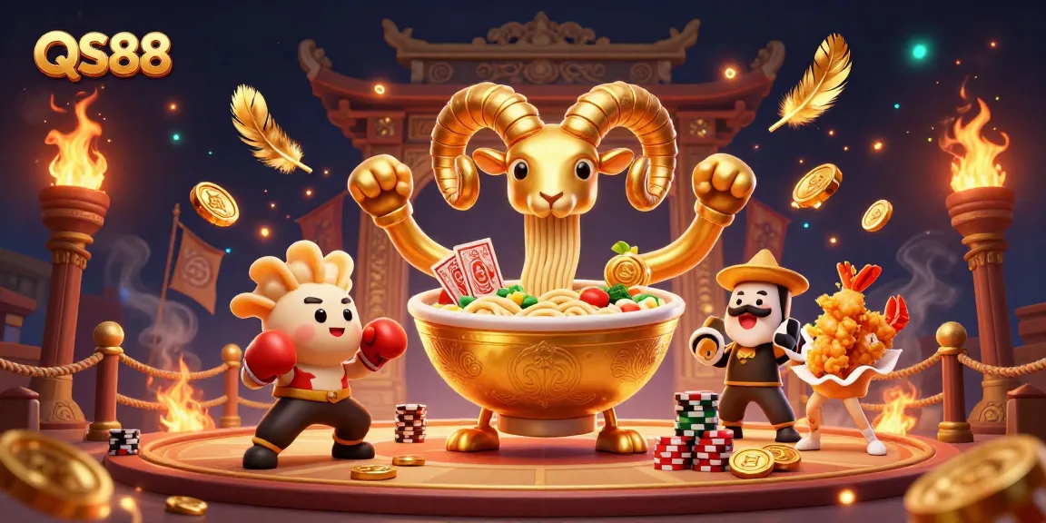 QS88 showcases a golden ramen bowl dealing cards amid a vibrant casino-themed illustration.