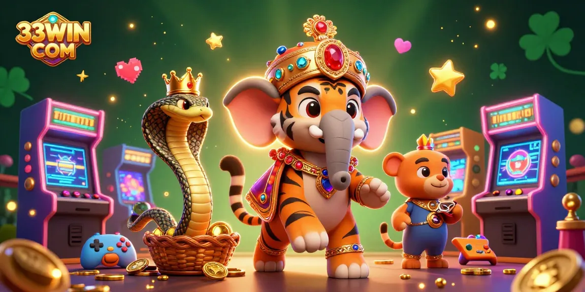 Play thrilling games at 33WIN COM with a vibrant festive scene of a maharaja tiger, elephant, and gaming excitement.
