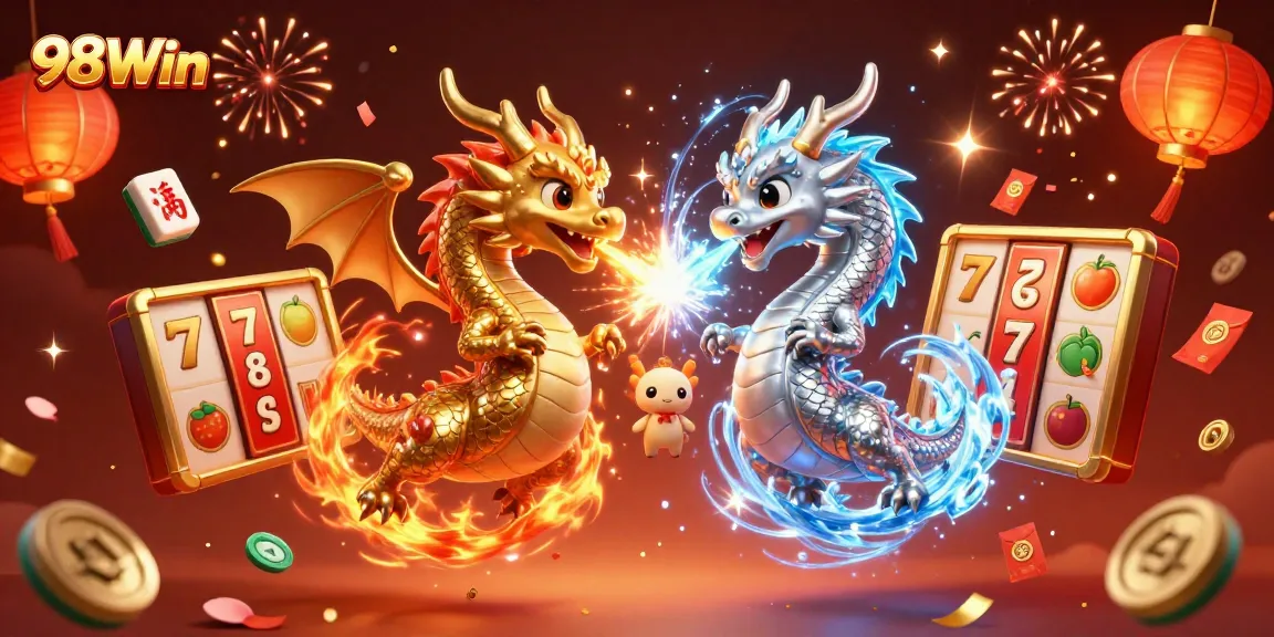 Experience thrilling winnings at 98Win with an action-packed scene of dragons and casino elements.