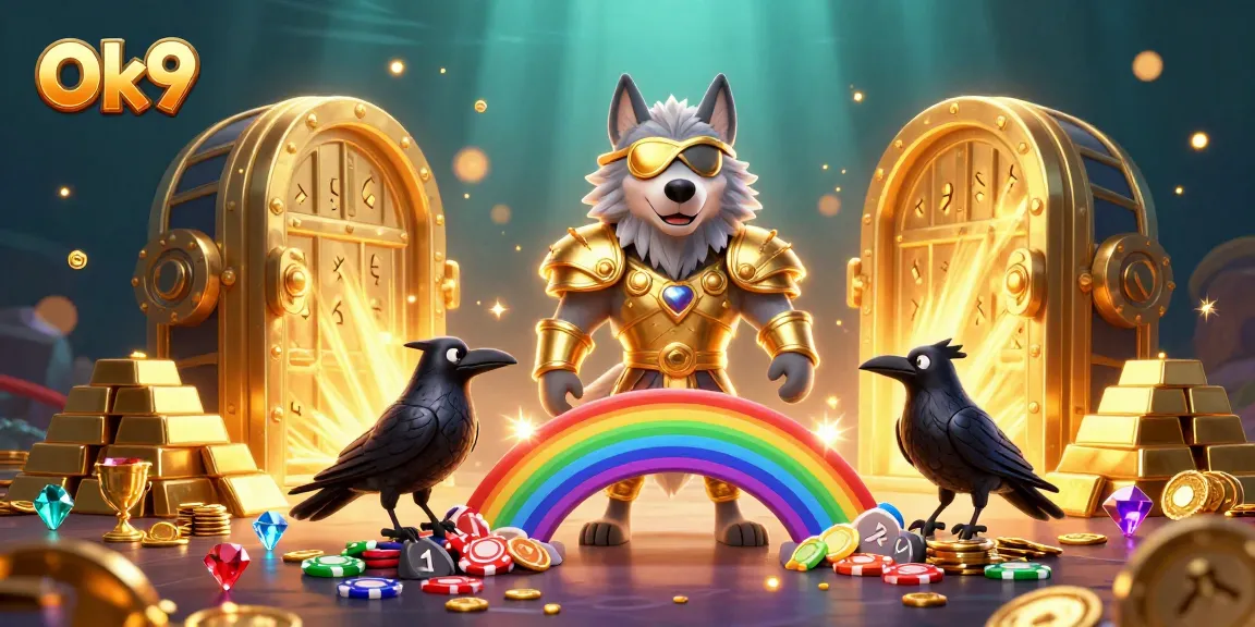 Ok9 enhances excitement with Odin and ravens amidst vibrant casino treasures.