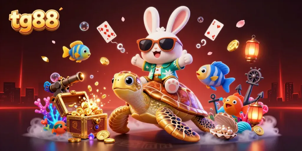 Engage in thrilling betting action at tg88 with a vibrant scene featuring a lucky rabbit and sea turtle.