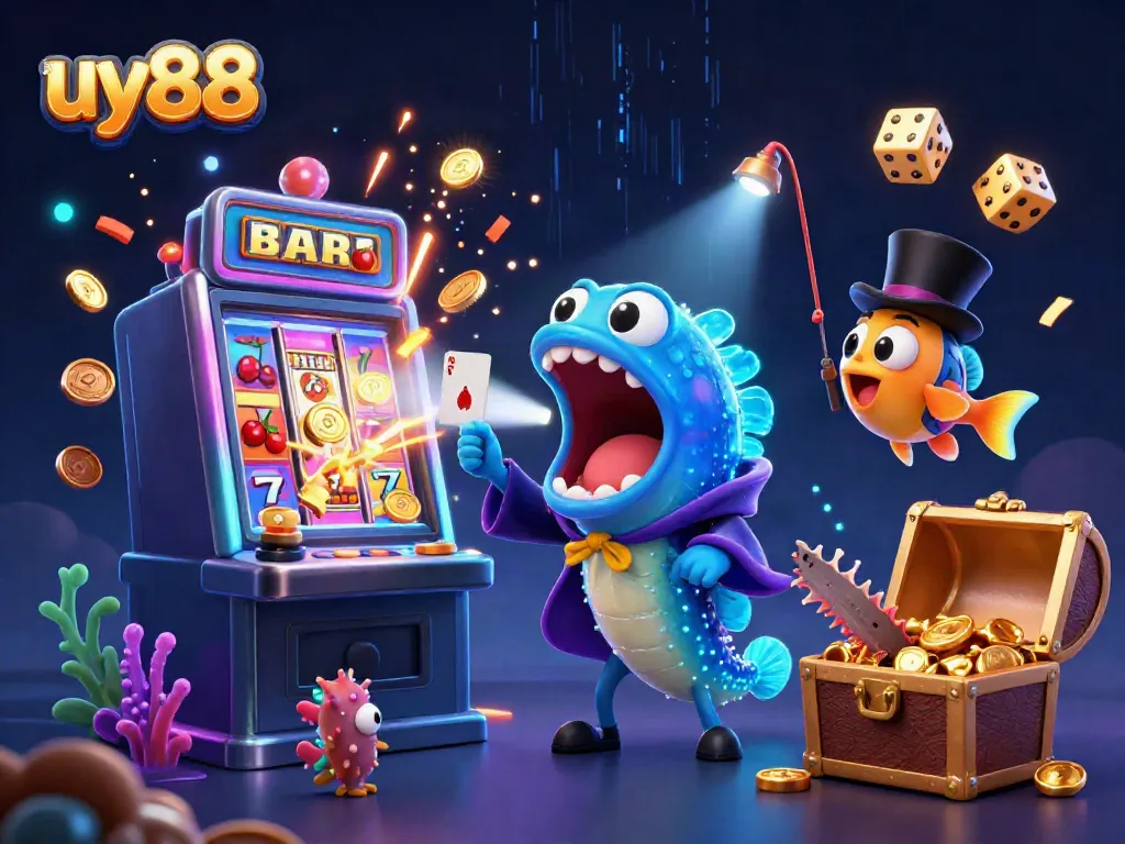 uy88 showcases a whimsical underwater casino scene, featuring magical marine characters performing astounding tricks amidst jubilant slot machine chaos.