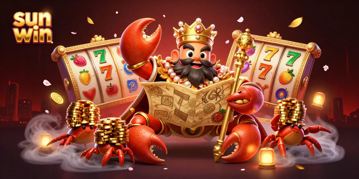 Experience thrilling slots with sun win's massive crab emperor and gold elements in an immersive casino scene.