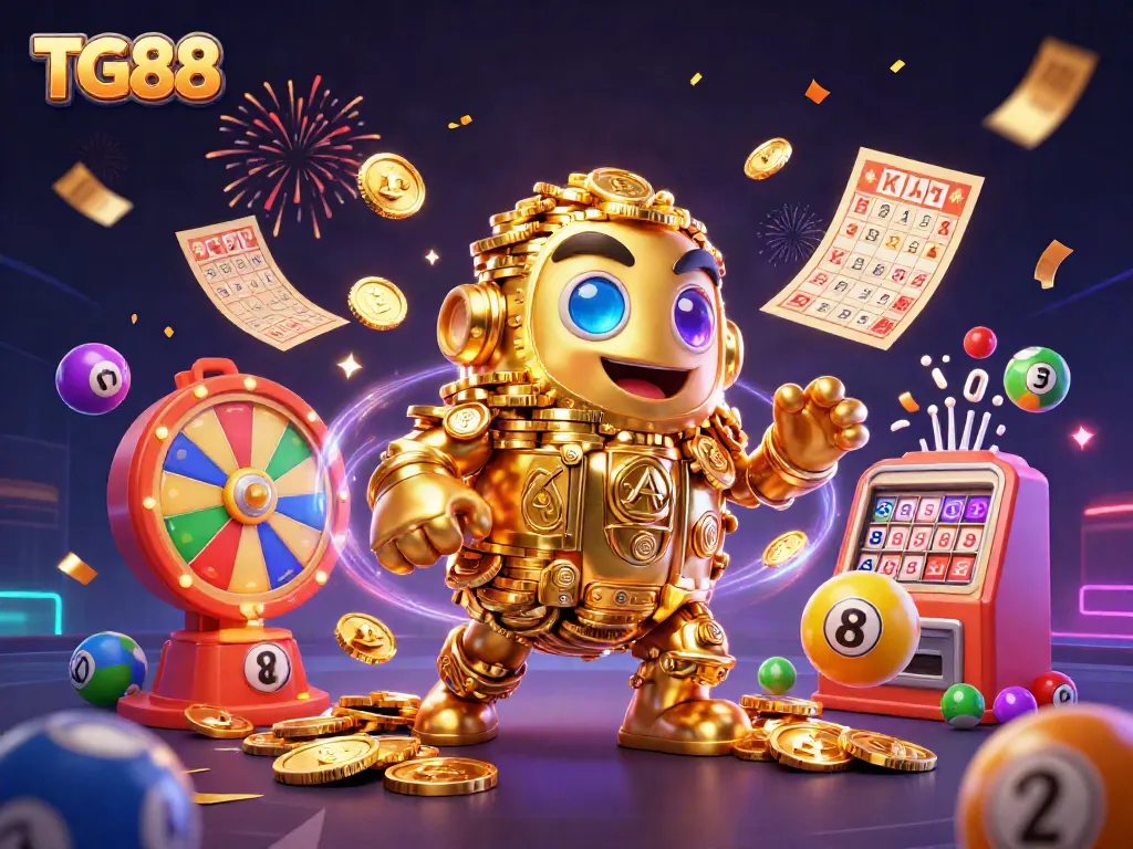 Experience the excitement of TG88 with a dynamic golden golem surrounded by vibrant casino elements.