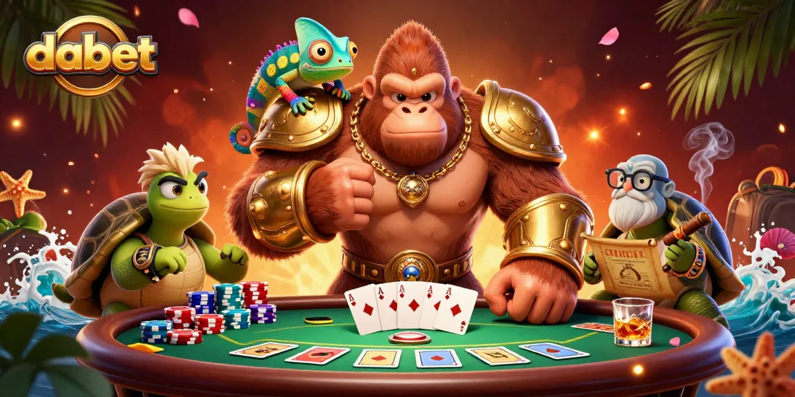 Dabet showcases a powerful gorilla king and chameleon spy at an animated poker table, filled with action.