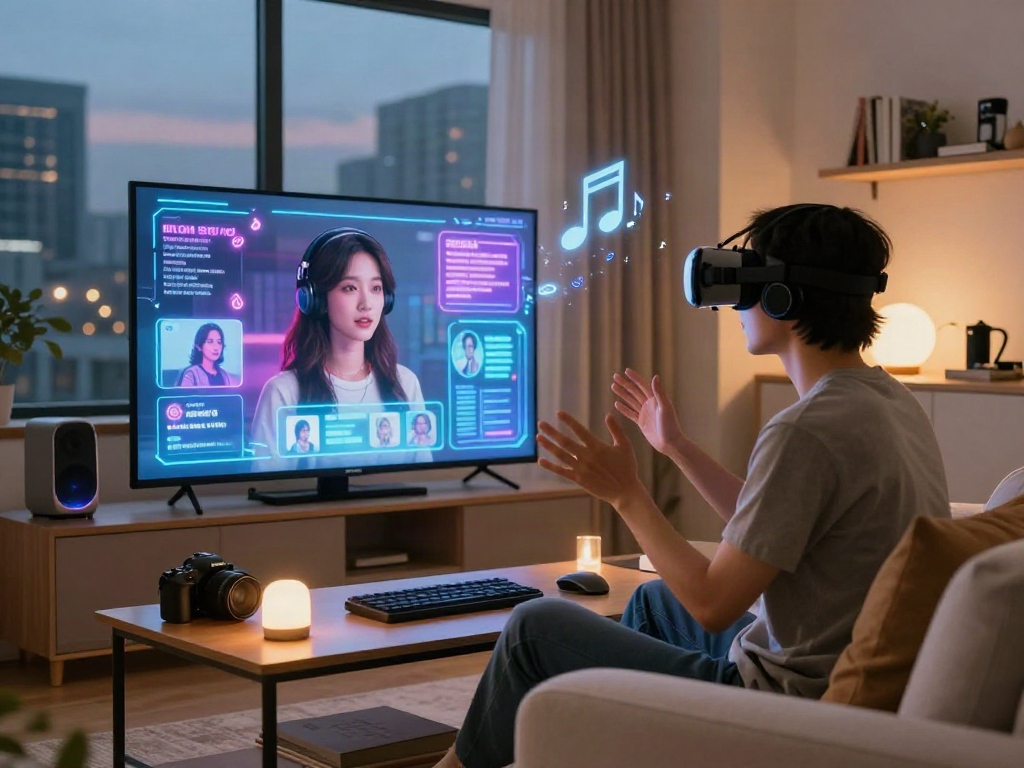 AI girlfriend engaging in conversation with user in a tech-themed cozy living room.