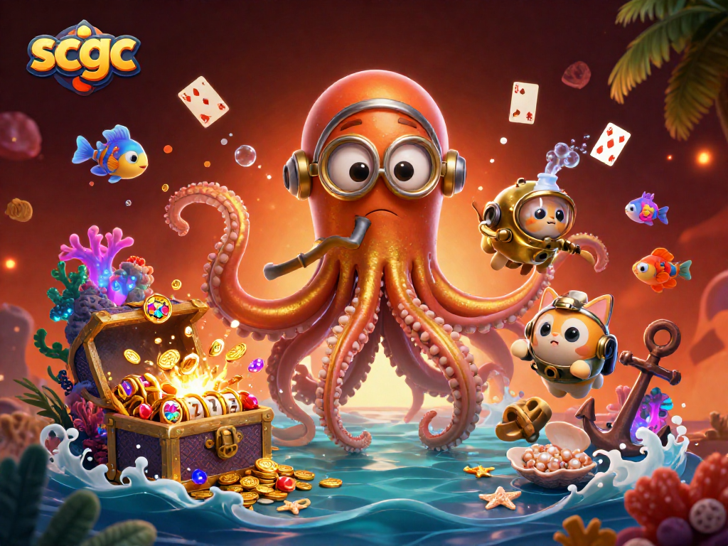 Experience thrilling entertainment at scgc credit card casinos with a 3D illustration of a kraken and a diving cat.