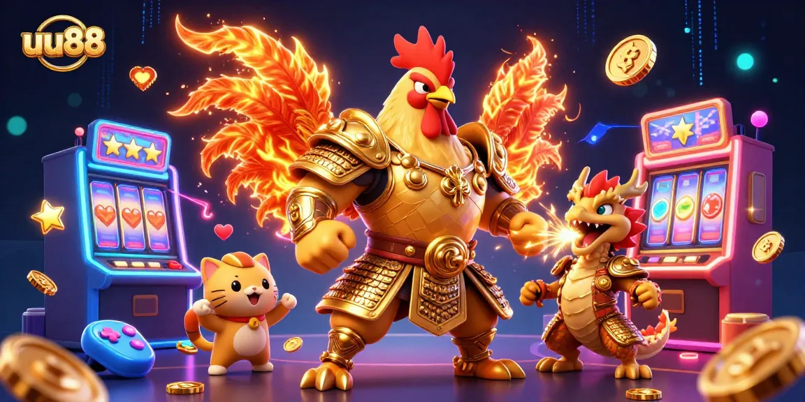 Join the excitement at uu88 with a powerful rooster warrior and dragon in a vibrant casino scene.