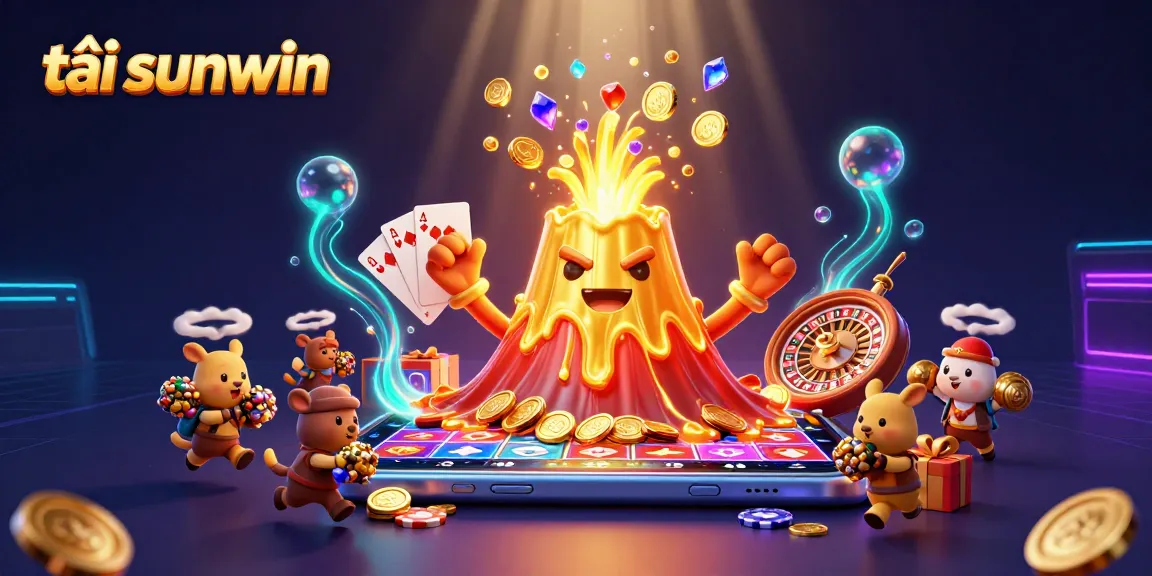 Engage with exciting gameplay as you tải sunwin through vibrant casino elements like coins, cards, and a golden volcano.