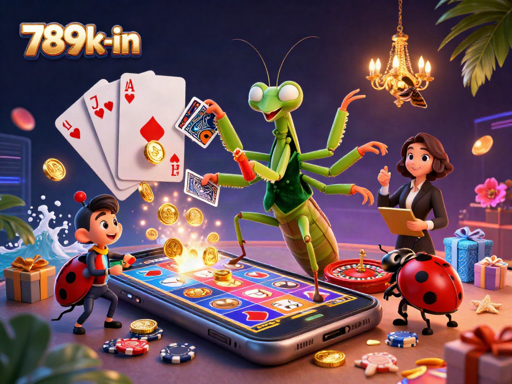 Engage with 789k-in’s vibrant casino scene featuring animated characters, card games, and slot action.