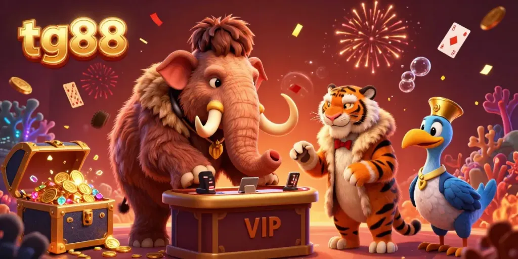 Engage with tg88 in a lively casino scene featuring a woolly mammoth bouncer, saber-tooth VIP, and dodo doorman.