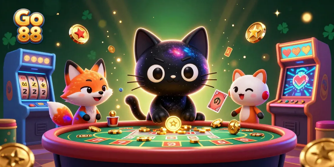 Engage with the dynamic gaming scene of Go 88 featuring cartoon characters and casino elements.
