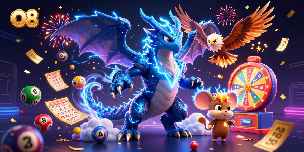 O8 features a vibrant online lottery scene with colorful balls, dragons, and celebratory effects.