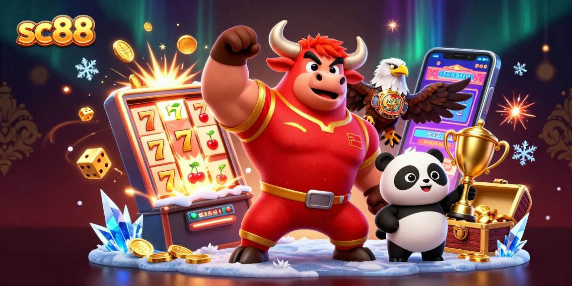 Experience sc88's exhilarating jackpot explosion with a cartoon bull and panda celebrating victory in a dynamic casino scene.
