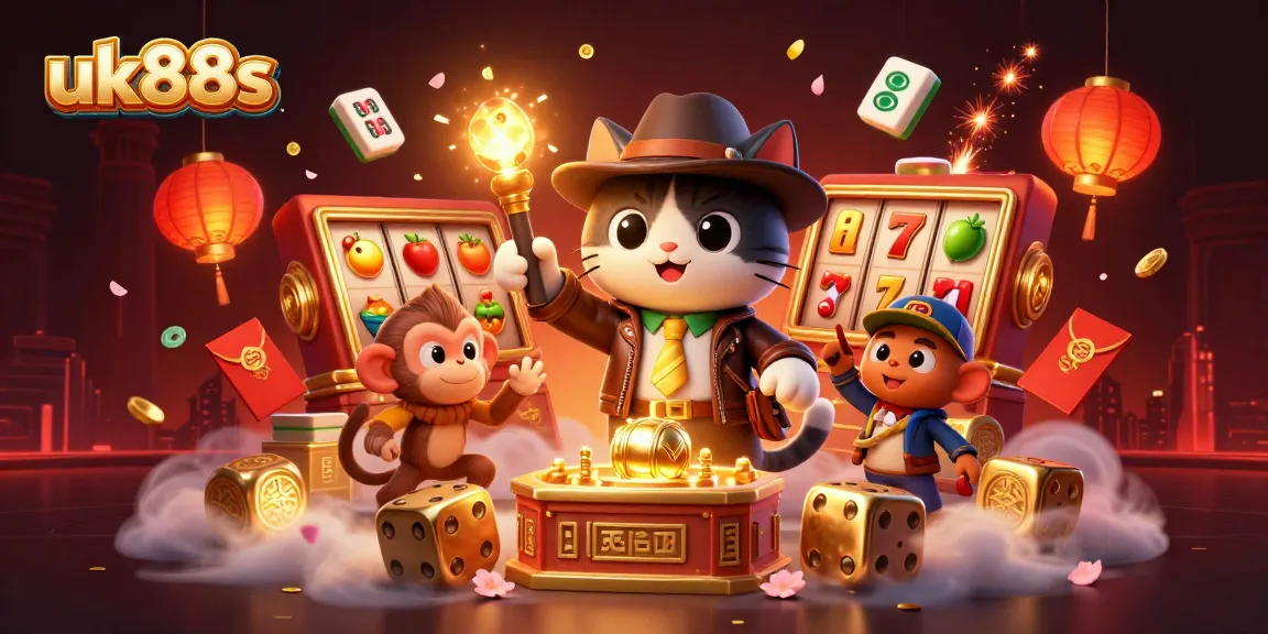 uk88s showcases a lively casino scene featuring an explorer cat and monkey, rich with golden artifacts and slot elements.