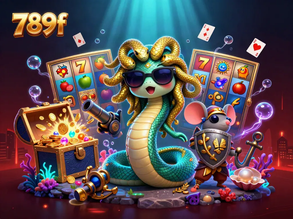 Experience the vibrant 789f casino scene with Medusa and a warrior mouse amidst slot reels and treasures.