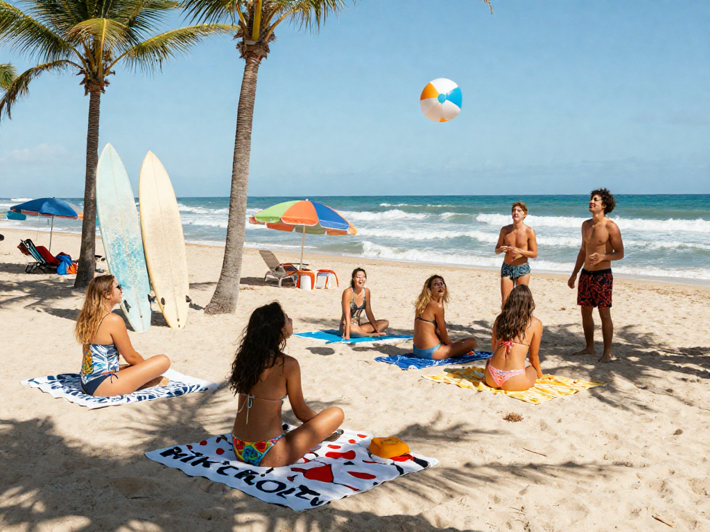 Vibrant beach day with friends enjoying BIKINISLOT-themed towels and surfboards
