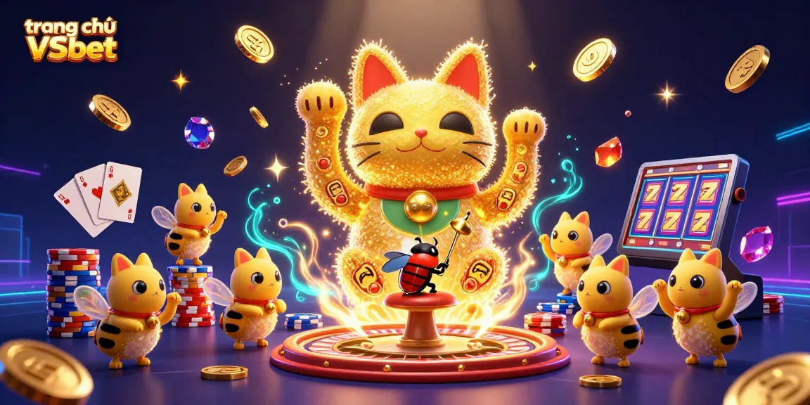 Engage with high-stakes excitement on trang chủ VSbet featuring a dynamic lucky cat and casino symbols.