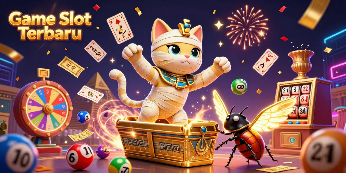 Experience thrilling action with Game Slot Terbaru as vibrant lottery balls, a golden bingo card, and dynamic gaming elements create an immersive casino scene.