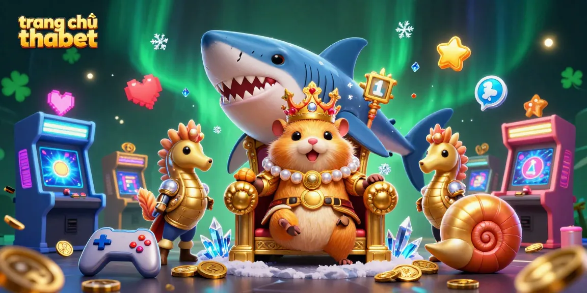 Win big at trang chủ thabet with colorful arcade games and a royal hamster king in an exciting casino scene.