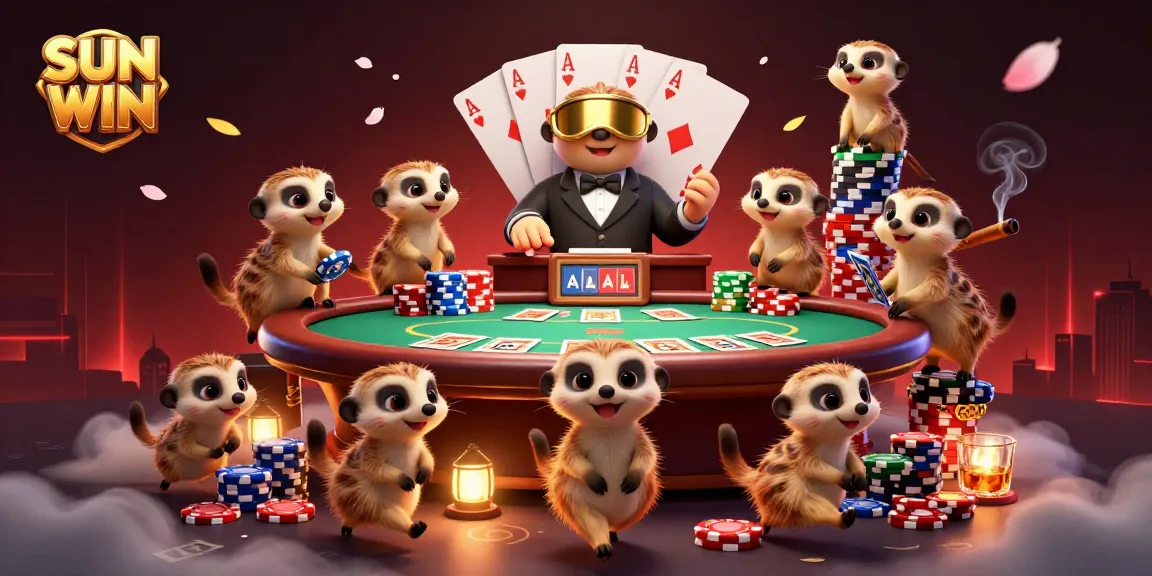 Engage in the thrilling SUN WIN casino experience with meerkat pit bosses and poker chips.