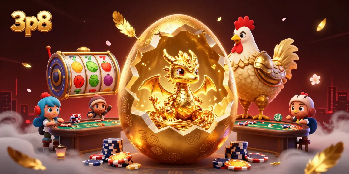 Engage with 3p8 through an exciting casino scene featuring golden dragon and poker chips.